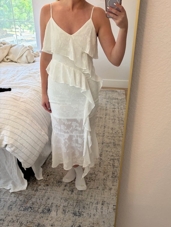 wild fable Dresses & Skirts - White Ruffled Lace Slip Dress – Elegant Spaghetti-Strap Midi